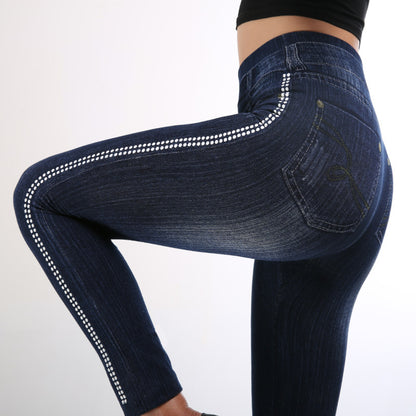 Autumn Women Imitation Denim Leggings Cotton Side Dot High Waist Ankle-Length Pants