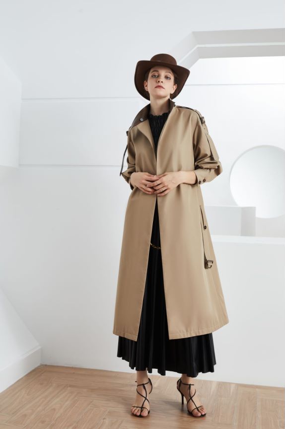 Element Herbst Gracekelly Leder Patchwork Zweifarbig Einfach Anmutig Elegant Verlängert Trenchcoat