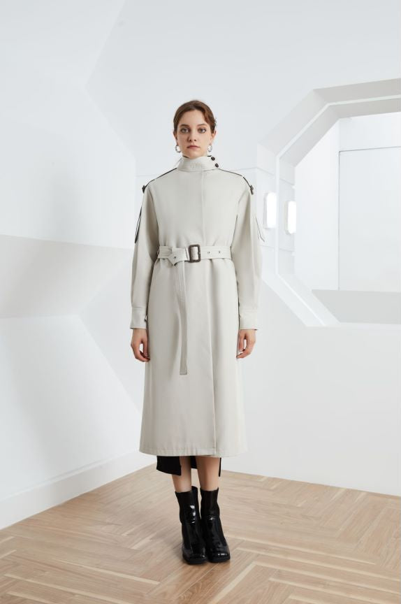 Element Autumn Gracekelly Leather Patchwork Two Color Simple Graceful Elegant Lengthened Trench Coat