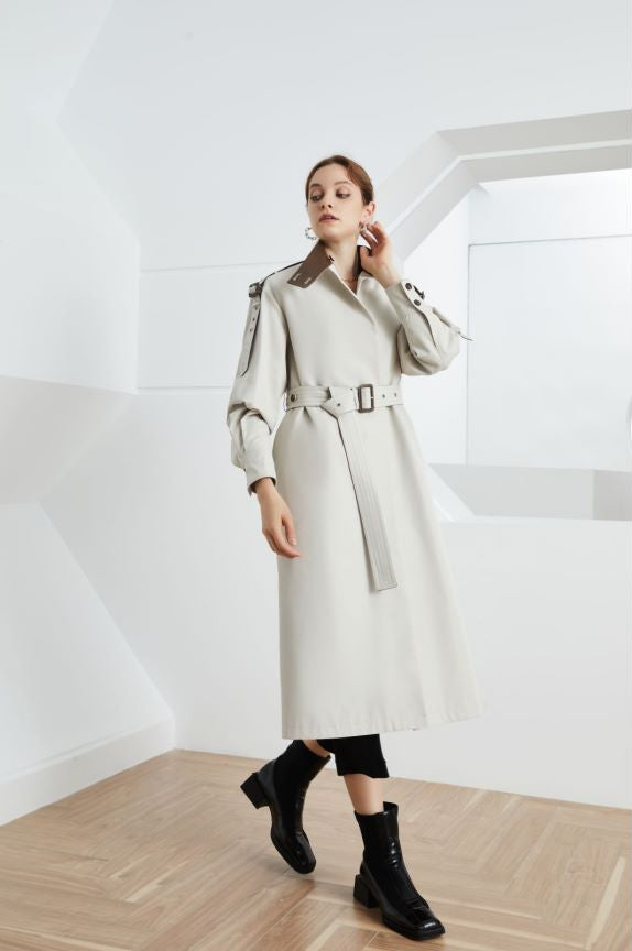 Element Herbst Gracekelly Leder Patchwork Zweifarbig Einfach Anmutig Elegant Verlängert Trenchcoat