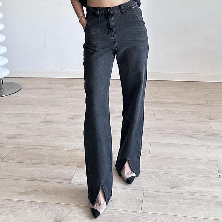 Damen Jeans mit langem Bein, visueller Frontschlitz, hohe Taille, Mop-Hose, Schlankheits-Hose, hängende gerade Hose