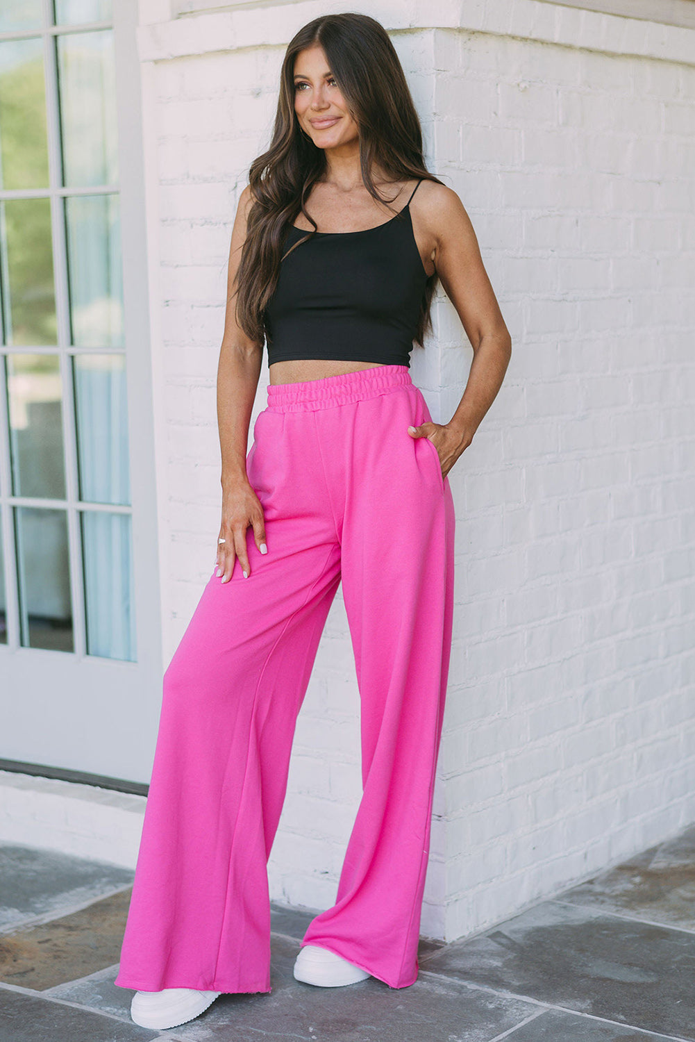 Rose - Pantalon de survêtement élastique taille haute à jambes larges et poches