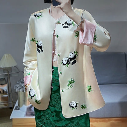 Women's Fashion Color Contrast Embroidered Panda Coat Top