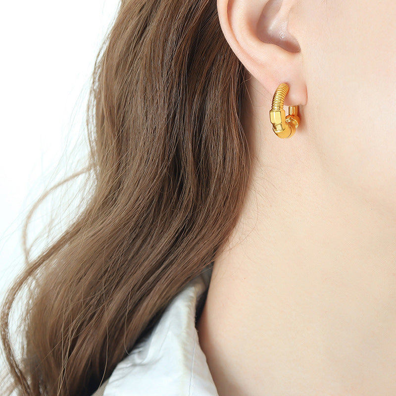 18K Gold Trendy C-shaped Screw and Nut Design Versatile Earrings