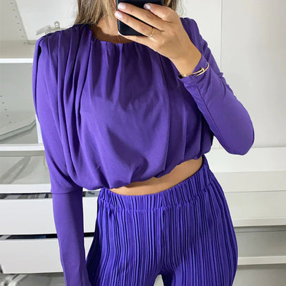 Women's Fashion Temperament Crew Neck Short Long Sleeve Underwear Blouse Casual Trousers Two-piece Set