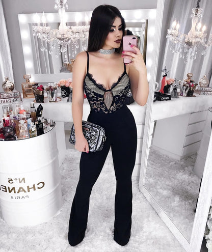 Summer Internet Influencer Fashionmonger Women Clothing Sexy V Neck Lace Stitching Fashionable Casual Figure Flattering Jumpsuit