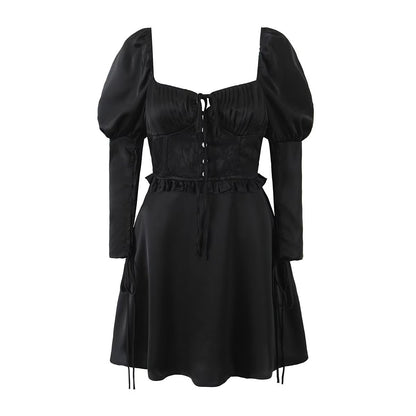 Printemps Minceur Taille Jacquard Sexy Pure Plissée Robe À Manches Longues