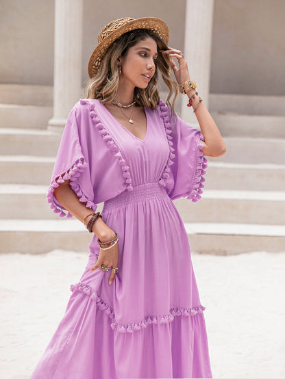 Lot mixte robe à plusieurs niveaux taille coupe taille haute col en V manches de princesse élégant vacances Multi couleur femmes robe