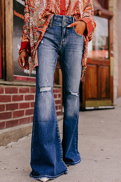 Sky Blue Basic Ripped High Waist Flare Jeans