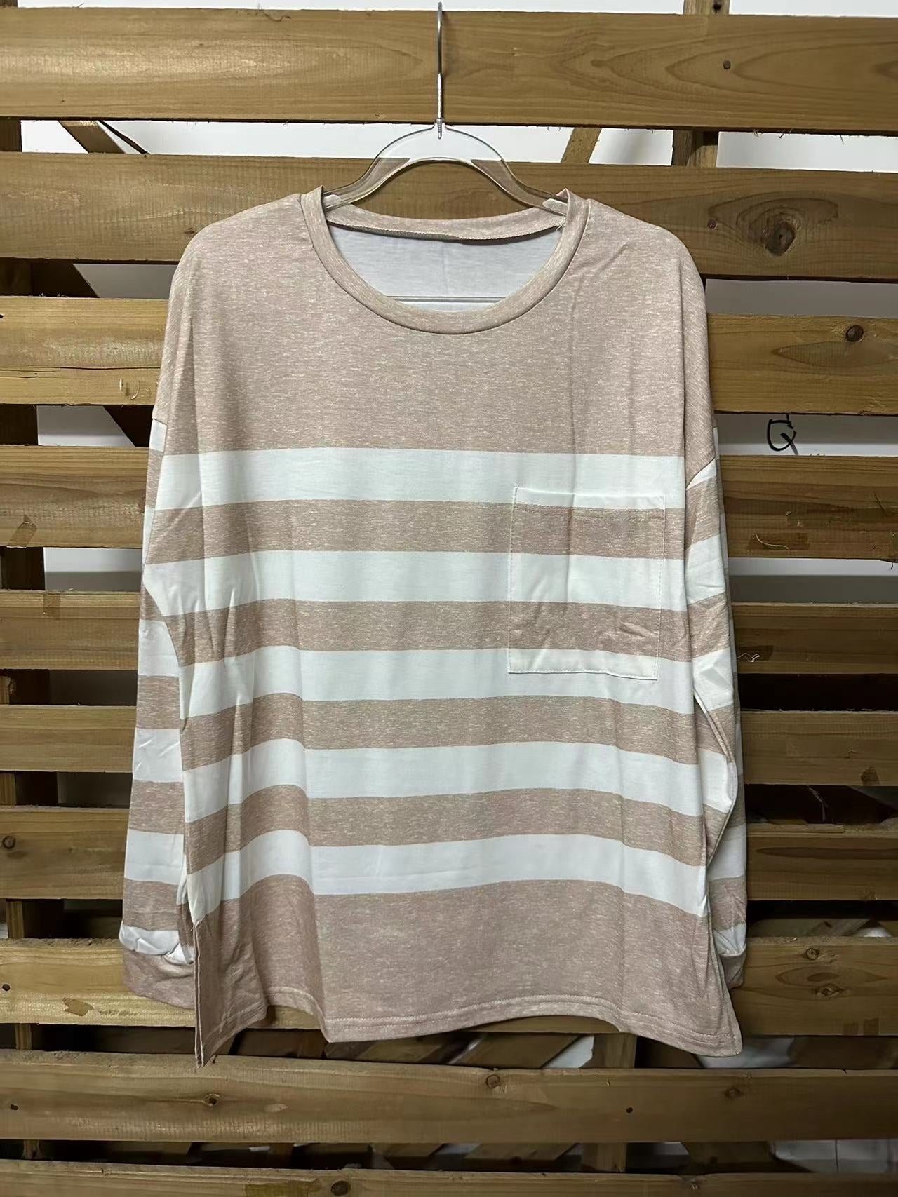 Autumn Striped Fleece Shirt Women round Neck Loose Women Sweater