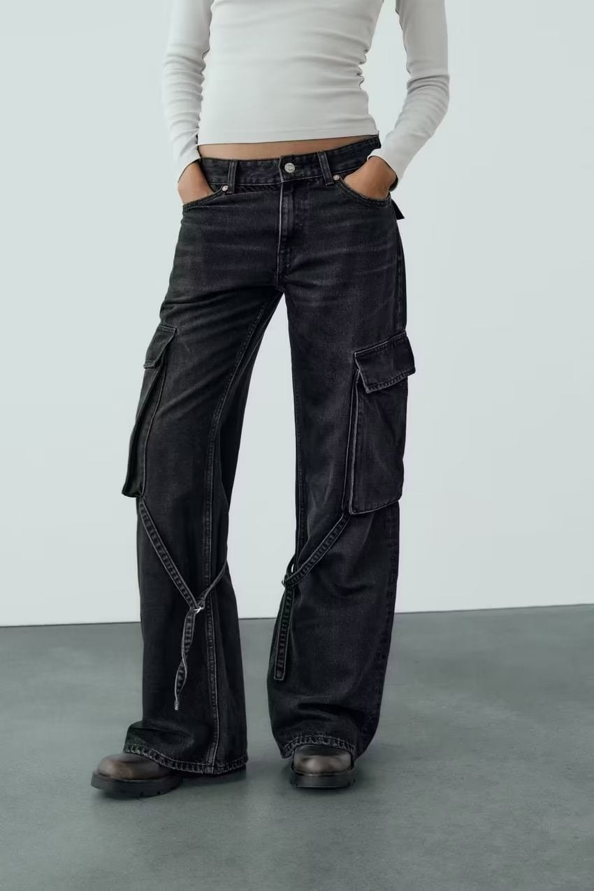 Women Loose Strap Accessories Mid Waist Cargo Jeans Trousers