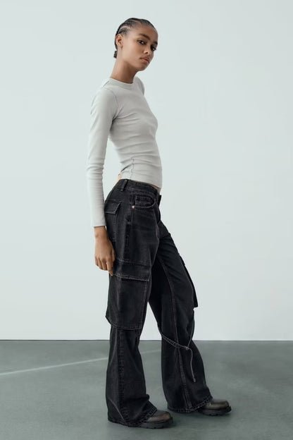 Pantalon en jean Cargo taille moyenne pour femmes, accessoires à bretelles amples