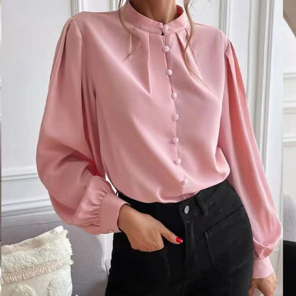 Chemise pour femme à simple boutonnage, couleur unie, col rond, manches longues