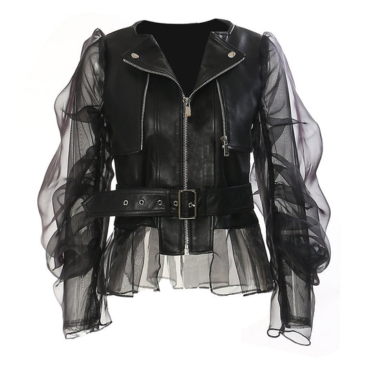 Veste de moto en cuir Transparent avec coutures dominatrices