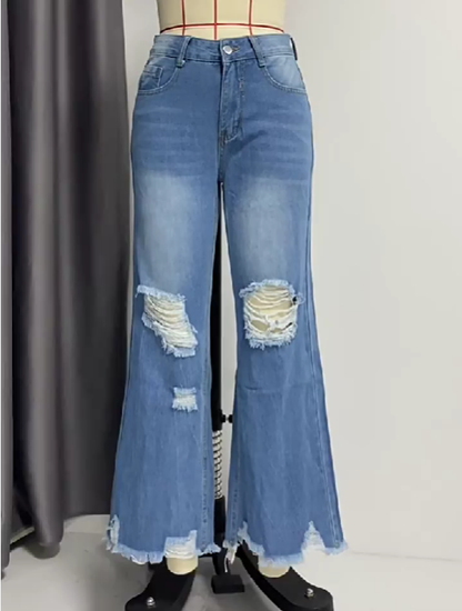 Gland lavé à l'eau trou jean femme Long décontracté taille moyenne haute pantalon large pantalon