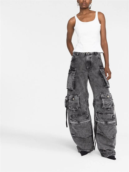 Street Modern Kombination Jeans Frauen Millionen Können Tragen Passender Arbeitskleidung Multi-Pocket Washed Wear Wide Leg Pants