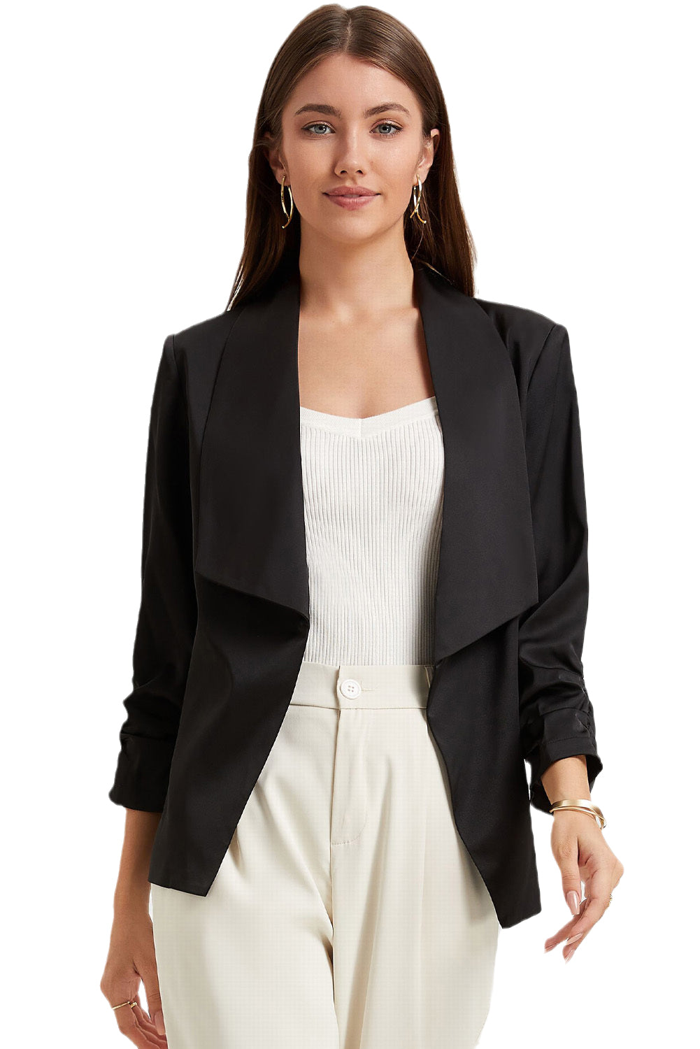 Black Solid Lapel Collar Satin Blazer