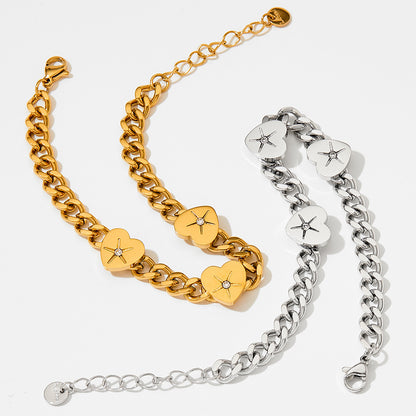 18K gold trendy and fashionable heart-set diamond and Cuban chain design bracelet