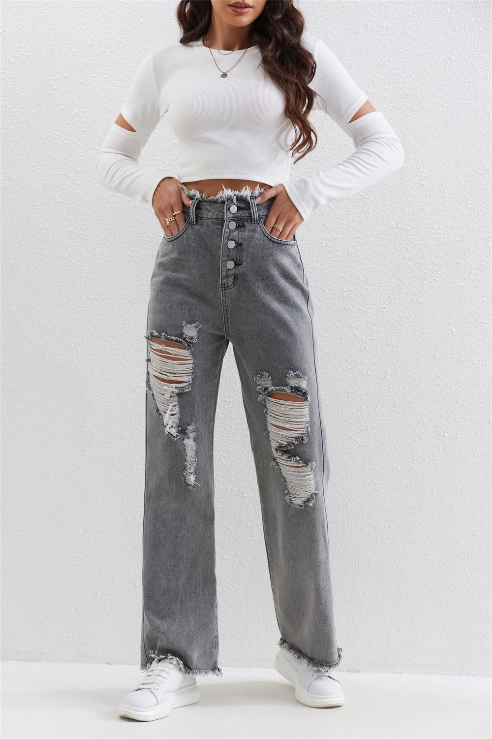 Damen Kleidung Graue verwaschene zerrissene gerade Jeans Damenjeans