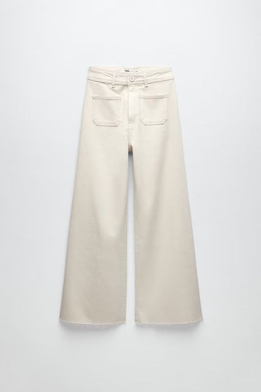 Frühling Frauen Breite Rohr Beige Schlank Hohe Taille Lose Jeans