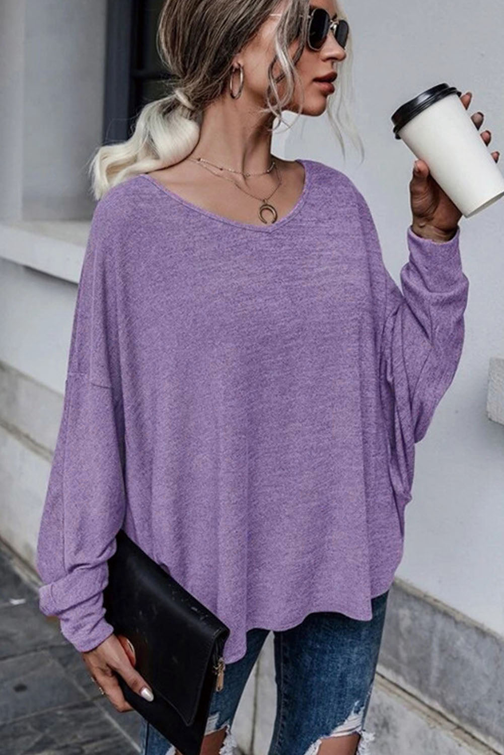 Purple Plain Tie Back Drop Shoulder Long Sleeve Top