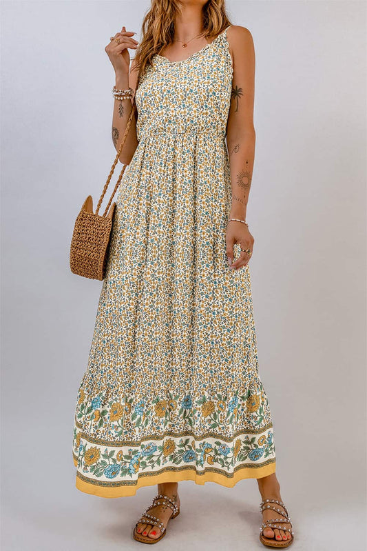 Apricot Floral Print Frill Detail Boho Maxi Dress