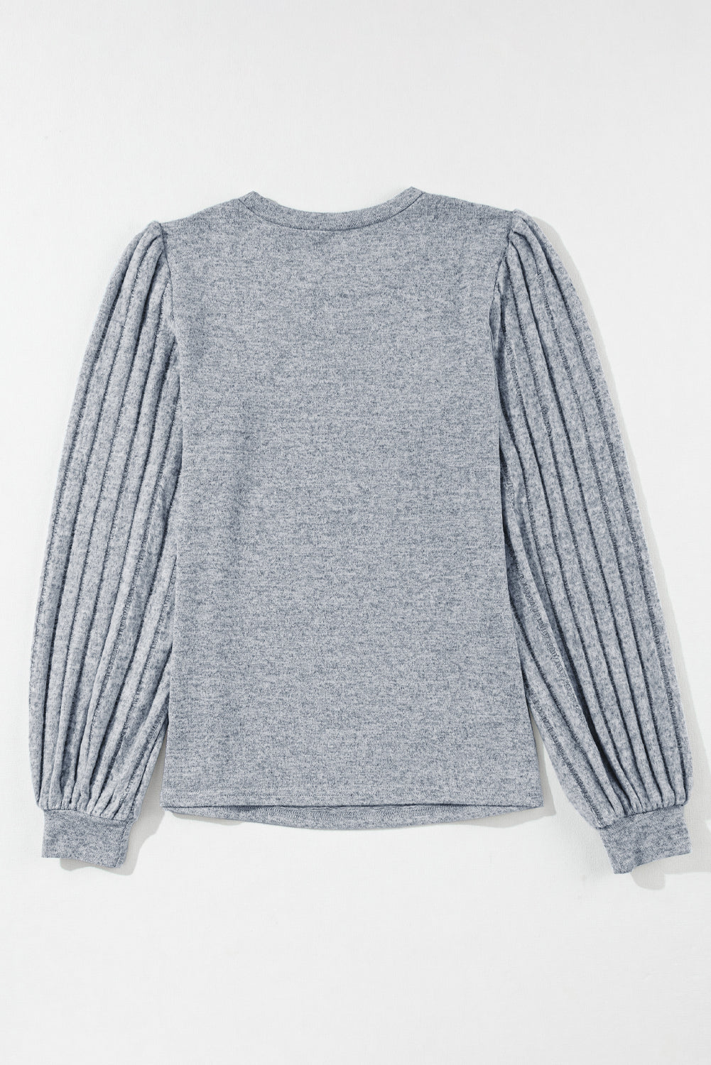 Gray Solid Color Contrast Ribbed Bishop Sleeve Top