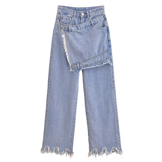 Women Clothing French High Waist Slimming False Two Piece Patchwork Casual Denim Trousers