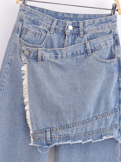 Frauen Kleidung Französisch Hohe Taille Abnehmen Falsche Zwei Stück Patchwork Casual Denim Hose