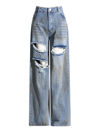 Frühlings-Nischen-Design, mittelhohe Taille, Persönlichkeit, zerrissene Kanten, bemalte lange Denim-Hose mit weitem Bein für Damen