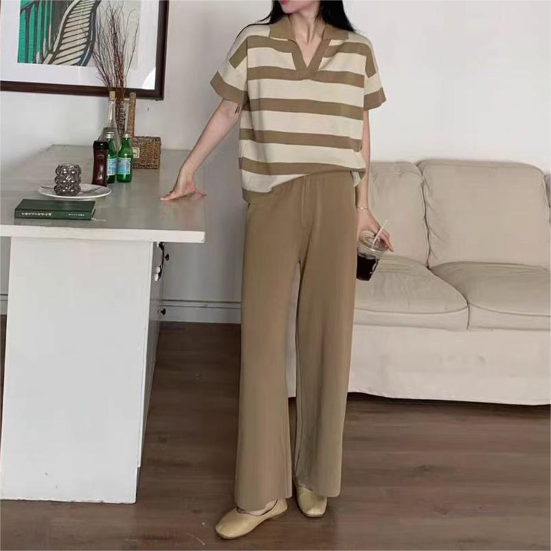 Contrast Color Striped Knitted Jacket High Waist Wide Leg Pants Two Piece Set