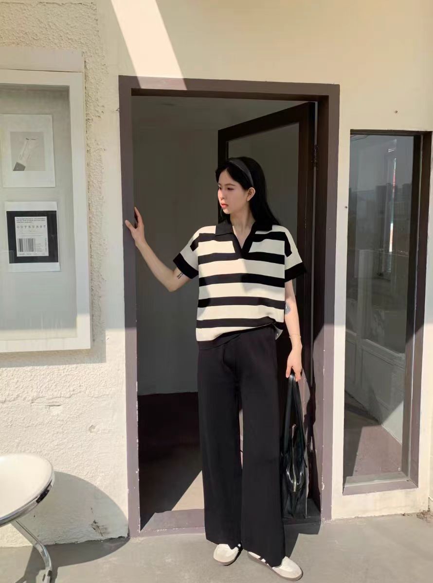 Contrast Color Striped Knitted Jacket High Waist Wide Leg Pants Two Piece Set