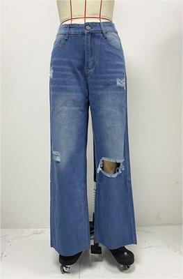 Gerade Jeans Frauen Wasser Gewaschen Loch Nicht Elastische Breite Bein Hose