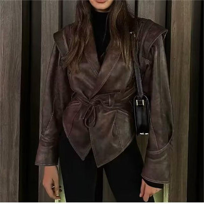 Manteau en cuir marron café décontracté pour femme, vêtement d'hiver tout-assorti