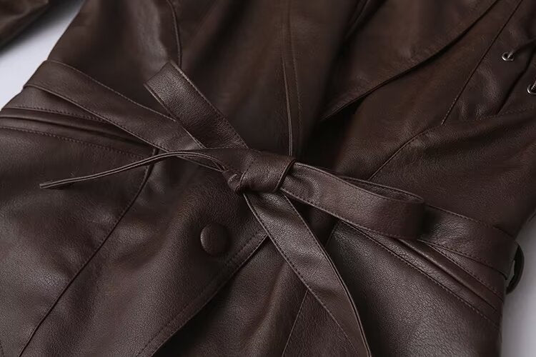 Manteau en cuir marron café décontracté pour femme, vêtement d'hiver tout-assorti