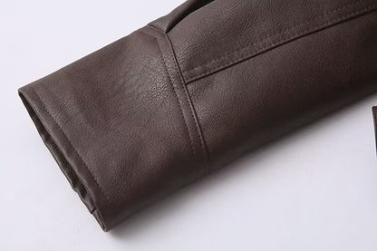 Manteau en cuir marron café décontracté pour femme, vêtement d'hiver tout-assorti