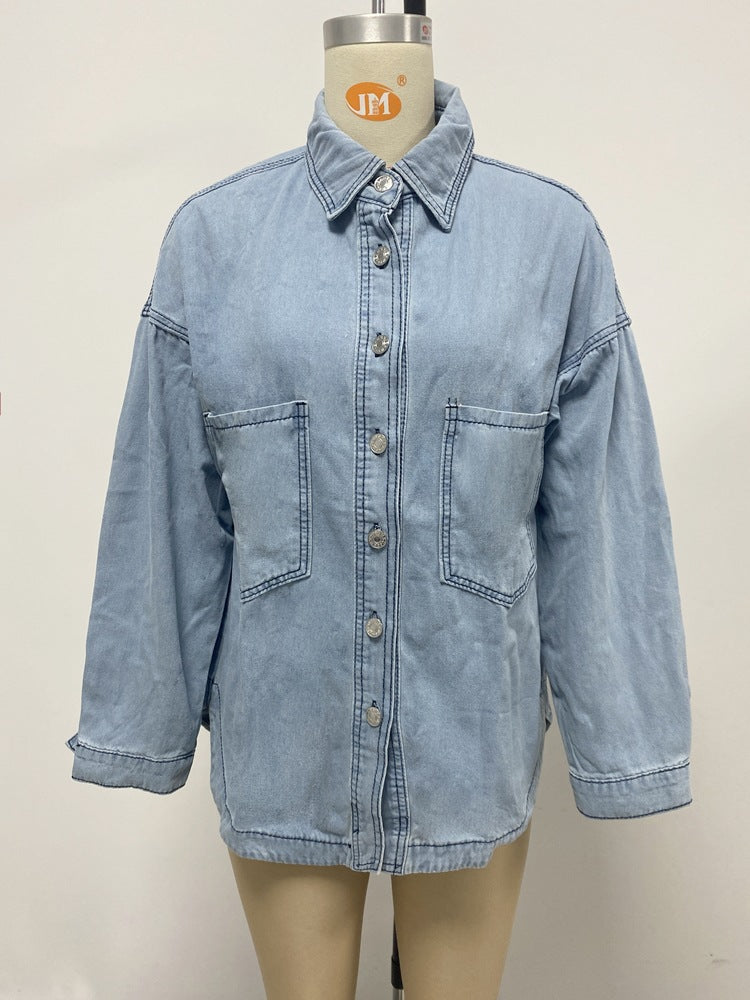 Frühling Herbst Elegante Frauen Langarm Kragen Casual Shirt Denim Mantel Hersteller