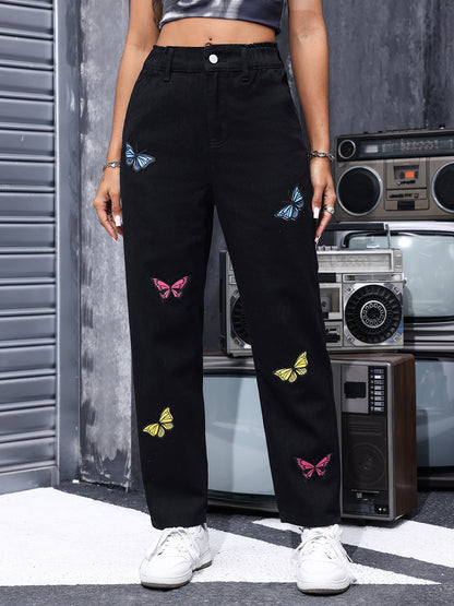 Pantalon en Denim à jambes droites élastiques pour femmes, imprimé papillon, décontracté, amincissant, noir, printemps été