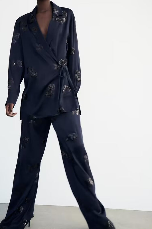 Ensemble veste et pantalon Kimono en Satin de soie et paillettes pour femmes, vêtements d'été