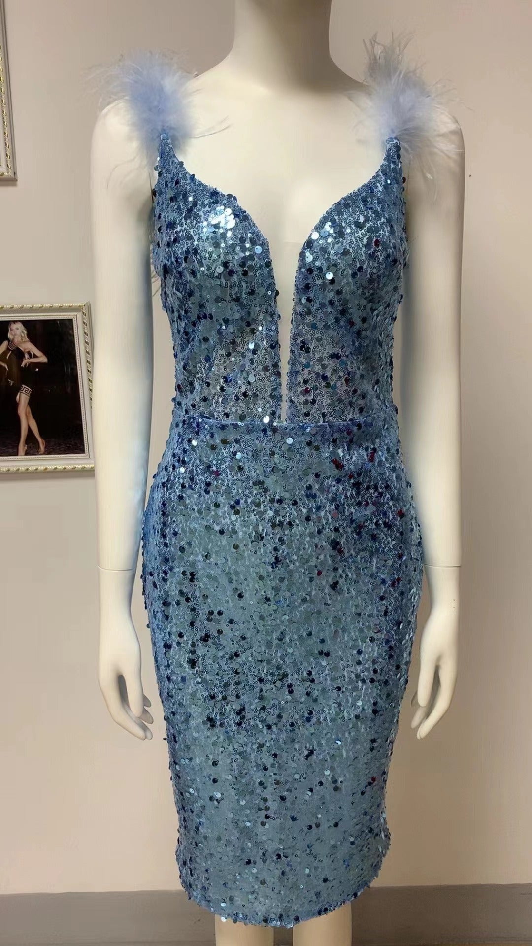 Été Sexy bleu plume profonde V plongeant paillettes sans manches discothèque robe de soirée robe de soirée femmes vêtements