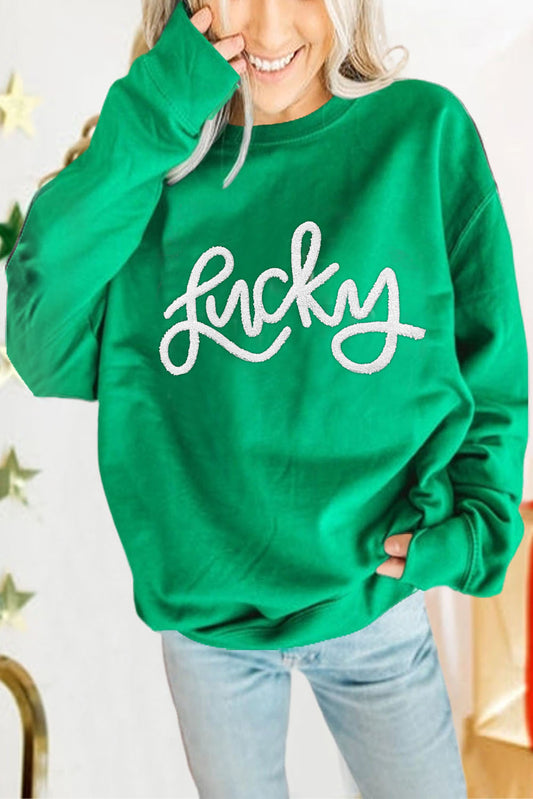 Sweat-shirt vert à manches tombantes et imprimé avec broderie Lucky Letter