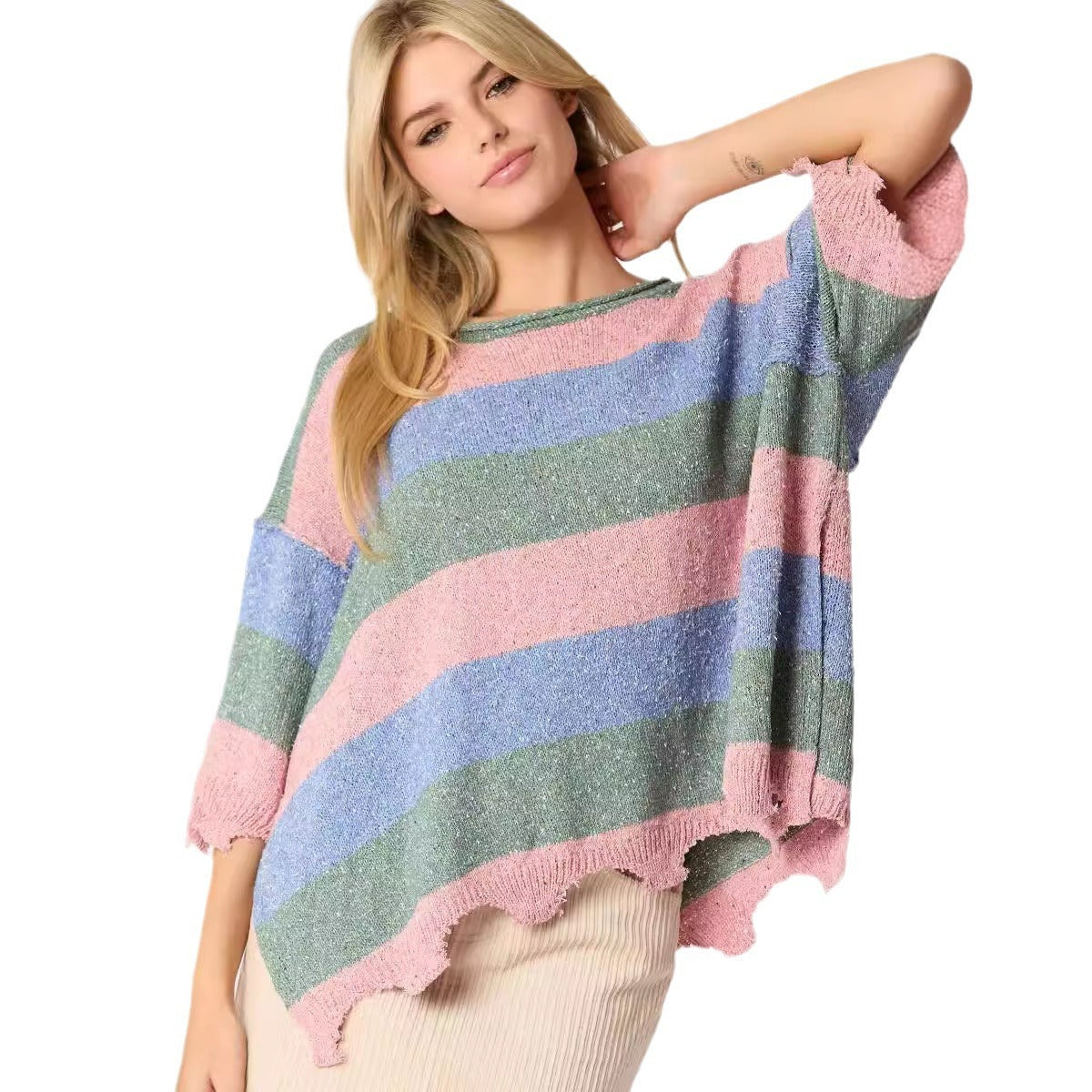 Pull tricoté à manches courtes et rayures multicolores pour femme