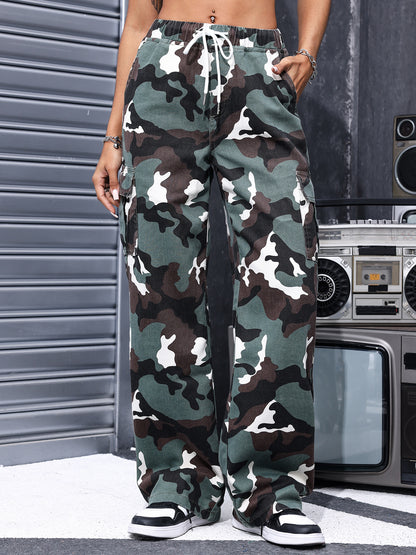 Gerade Mop Casual Jeans Frühling Sommer Retro Camouflage Gerade Kordelzug Gerade Bein Hosen Frauen