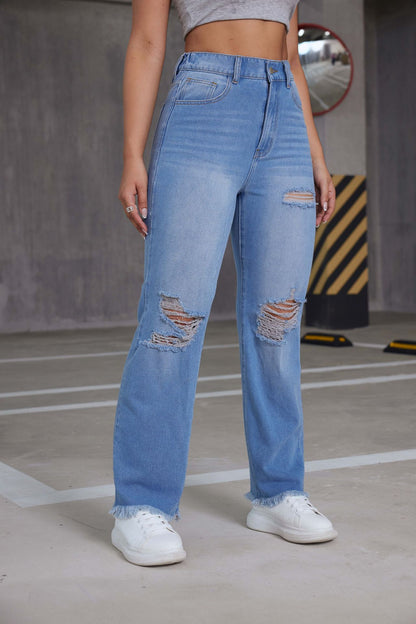 Jeans longs taille haute pour femmes, pantalons déchirés, confortables, jambes droites