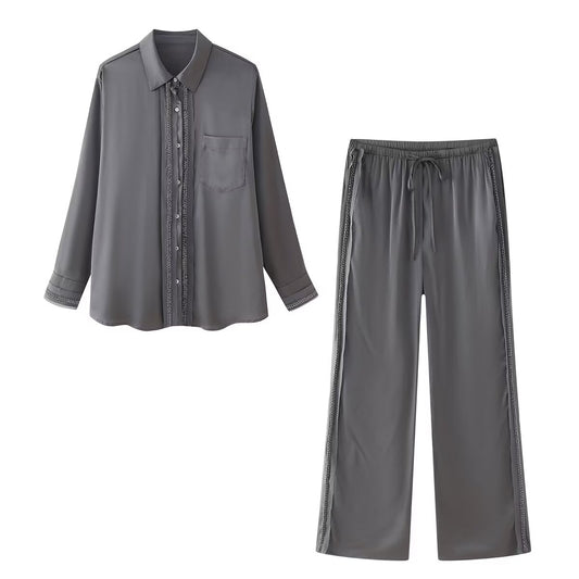 Ensemble de vêtements d'été pour femmes, chemise brodée de perles décoratives en Satin de soie texturé, taille élastique, pantalon