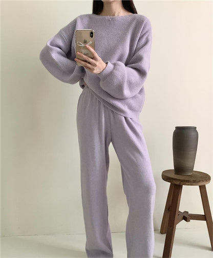 Loose Knitting Suit Women Autumn Winter Round Neck Sweater Wide Leg Pants