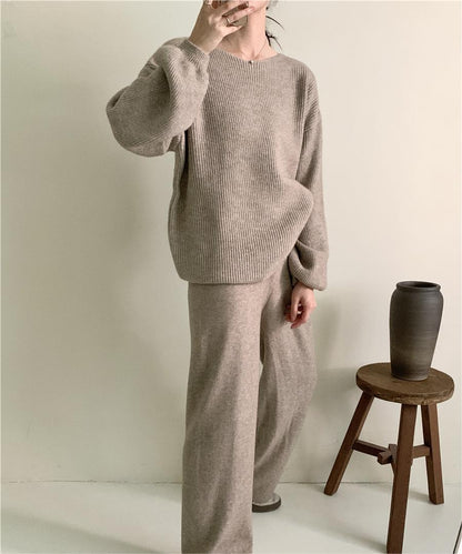 Loose Knitting Suit Women Autumn Winter Round Neck Sweater Wide Leg Pants