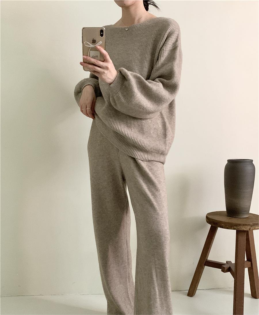 Costume tricoté ample pour femme, pull à col rond, pantalon à jambes larges, automne hiver