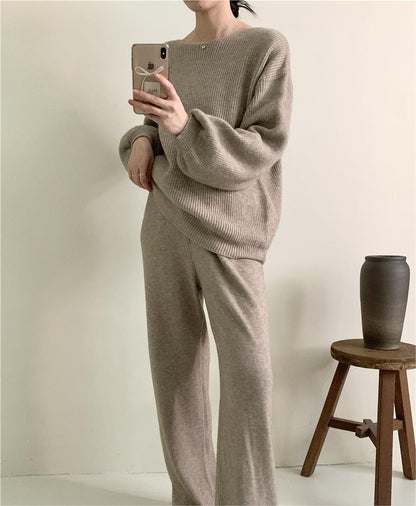 Loose Knitting Suit Women Autumn Winter Round Neck Sweater Wide Leg Pants