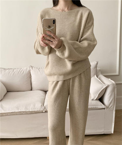 Loose Knitting Suit Women Autumn Winter Round Neck Sweater Wide Leg Pants